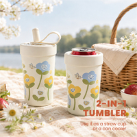 Tumbler Berlapis Keramik dengan Tutup Sedotan, Motif Bunga, Portabel, Terbuat dari Baja Tahan Karat 304, Cangkir Kopi untuk Perjalanan dengan Kotak Hadiah Khusus