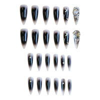 Faux ongles à presser Stiletto Noir Scintillant Glamour, dégradé noir et argent avec grands strass, en acrylique, pour soirées