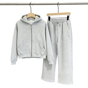 Survêtement unisexe gris à capuche, manches longues, fermeture éclair, couleur unie, vêtement décontracté, poches latérales, coupe régulière, saison automne, 100% coton - Product Image 1