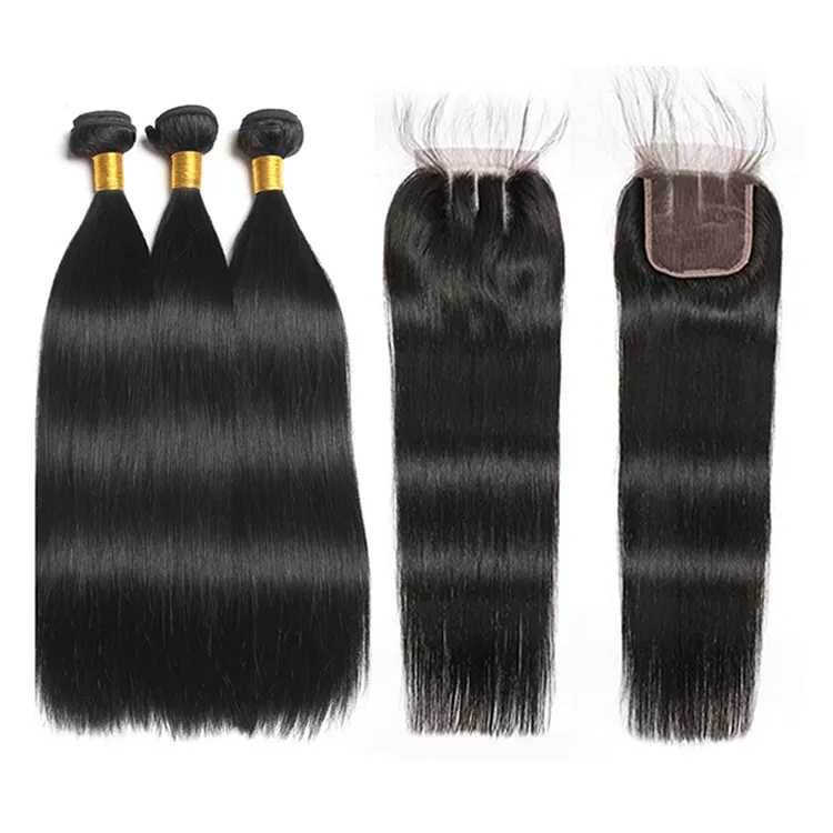 Cambodian hair 3 bundles with three part closure 4x4 10a silky straight human hair weave bundles