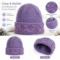 Bonnet en tricot unique avec broderie contrastante, bord côtelé, coupe-vent, en laine chaude pour les promenades en plein air et les courts séjours hivernaux