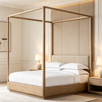 TrustHome Modernes Schlafzimmer Deluxe-Möbel King Queen Size Lederkopfteil Natürliches Holz Vierpfosten-Himmelbett