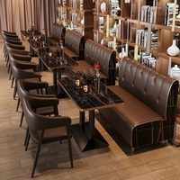 Ensemble table et chaises de salle à manger en marbre moderne, couleurs personnalisées, banquette en métal et cuir pour mobilier de café et bistro