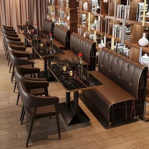 Juego de mesa y sillas de comedor de mármol moderno, cabina de metal y cuero de colores personalizados para muebles de cafetería y bistró - Product Image 5