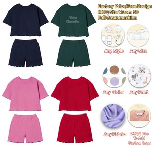 ชุดเสื้อผ้าฤดูร้อนผ้าฝ้าย 100% ขอบหยักสไตล์ฝรั่งเศส สำหรับแม่และลูก ชุดเด็กเล็ก เสื้อแขนยาว กางเกงขาสั้น ชุดเด็กผู้หญิง - Product Image 1
