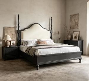 Cama de cuatro postes tamaño queen premium de madera negra con cabecero curvo tapizado en beige para dormitorio - Product Image 6