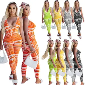 S-3XL 2022 Neuheiten Damen Print Streifen V-Ausschnitt Weste Jumps uit Damen Ärmellose Yoga Outfits Bodysuit Für Frauen Stram pler