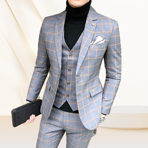 Costumes formels pour hommes en stock, prêts à être expédiés, couleur <span class=keywords><strong>gris</strong></span>, <span class=keywords><strong>costume</strong></span> en tweed pour anniversaire, trois pièces, vêtements élégants, costumes à carreaux pour hommes - Product Image 1