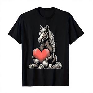 Camiseta de Algodón para Hombre de San Valentín con Estampado Gráfico de Caballo y Corazón Rojo, Negra, de Corte Holgado, Casual, de Manga Corta, Cuello Redondo, Impresión Digital - Product Image 1