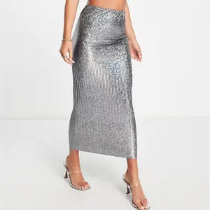 Women's High Waist Sexy Hip Skirt Custom Pleated Silver Metallic Slim Fit Bodycon Lady Fashion Midi Pencil Skirt
