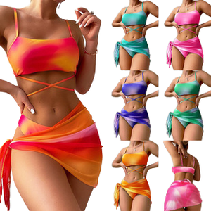Ensemble de maillots de bain trois pièces à imprimé dégradé tie-dye transfrontalier pour femme pour bikini <span class=keywords><strong>Amazon</strong></span> avec logo sur jupe en maille Bikini fendu - Product Image 2