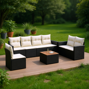 7 Seater Foldable Garden <b>Sofa</b> Set In Black Pe <b>Rattan</b> Outdoor Furniture Contemporary Design - Product Image 2