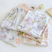Pyjama Femme à Manches Longues en Satin Rayonne de Haute Qualité, Imprimé Floral, Col Revers, Doux Poudre Légère Romantique pour Usage Domestique