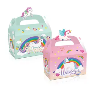 Dd237 Unicorn Magic Themafeest Regenboog Candy Cake Geschenkverpakking Papieren Doos Met Handvat Voor Kinderen Verjaardagsfeestje Gunsten
