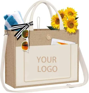 Custom personalized beach picnic travel wedding holiday zipper shoulder strap shopping jute bag with factory price