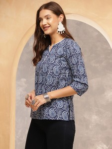 Top de algodón con cuello redondo estampado con motivos étnicos para mujer - Product Image 4