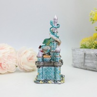 Statuette de château de dragon en émail de style magique, figurine peinte à la main, boîte à bijoux à charnières, décoration de maison en métal bleu