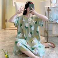 Gaun Tidur Wanita Model Eropa Bahan Katun Sutra Satin Bernapas Motif Bunga Lengan Pendek Kerah Satu Sisi Sederhana Kasual untuk Musim Panas