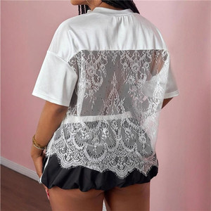 Fashion Y2K Letter Stitching Lace Loose Tshirt Women Neck Short Sleeve <strong>See</strong> <strong>Though</strong> Hollow Out <strong>Tops</strong> - Product Image 4