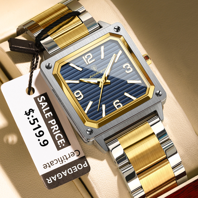 POEDAGAR 870 Luminous Hands Night Vision Big Dial Square Wristwatch Waterproof Stainless Steel Male Quartz Wrist Watches for Men
