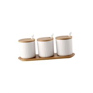 Square Coffee Tea Sugar Ceramic Canisters 3 PCS/Set with Bamboo Lid and Stand Dishwasher Safe Eco-Friendly - Product Image 1