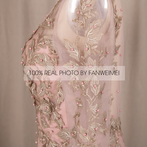 6656 # A-Line Sweep Train Blush Pink Plus Size gonfio pieghettato perla perline paillettes Backless Applique abito da sera abito da sera - Product Image 6