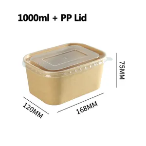 Sẵn sàng số lượng lớn 500ml 650ml 750ml 1000ml kraft giấy nguyên liệu thực phẩm container hộp hình chữ nhật dùng một lần vuông bát có nắp đậy