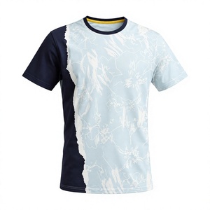 Camiseta de Manga Corta con Cuello Redondo y Estampado Floral en Bloques de Color para Hombre, con Ribete en Contraste, Precio al por Mayor - Product Image 1
