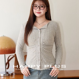 Happy Plus – Cardigan tricoté à manches longues, col en V, couleur unie, haut grande taille pour femme avec revers N9016 - Product Image 1