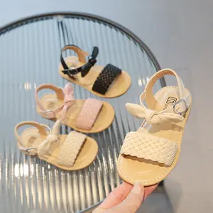 Hot Sale Girls woven sandals 2024 spring and summer children new soft-soled casual cork sandals bow cute princess shoes