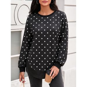 Tunique décontractée à manches longues et col rond pour femme, motif pois, coupe ample, avec fentes latérales et ourlet asymétrique - Product Image 2