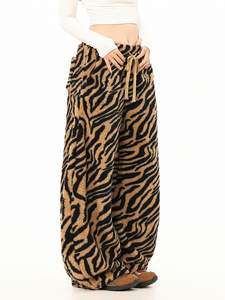 Double Faced Fleece Tiger Print Curved Hem Mid Sweatpants Men Women Wide Leg Loose Fit Casual <b>Trousers</b> 100% Polyester Custom - Product Image 4