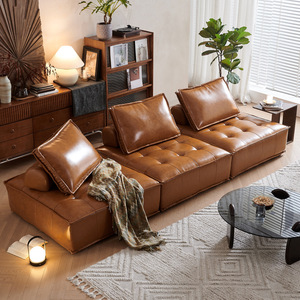 Vintage Piemonte Genuine Leather Modular Block Sofa Italian Minimal Combination Couch For Small Living Room Home - Product Image 3