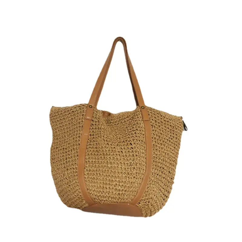 Женская пляжная соломенная сумка-мешок, модный вместительный Плетеный тоут с кожаными ручками для отдыха и путешествий, лето