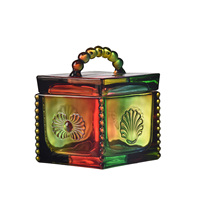 Pot en verre coloré en gros du fabricant avec couvercle, poignée perlée portable, motif coquille de tournesol européen, pot de rangement cosmétique pour la maison et les cadeaux