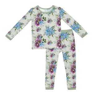 Casual Kids Bamboo Sleepwear Set Summer Pajamas Girls Loungewear Summer Floral Printed Soft Nightwear Set