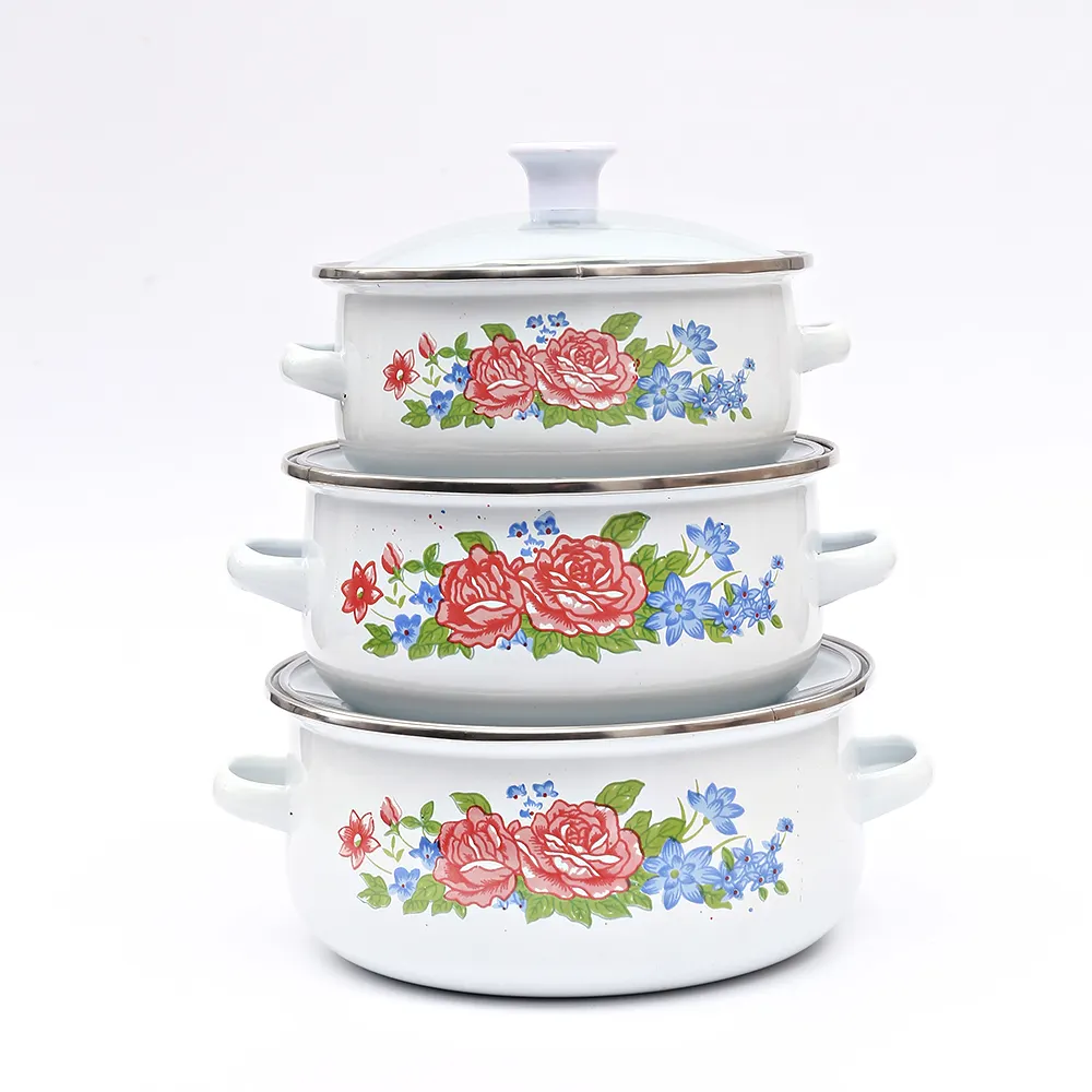 New arrival white enamel pot/cookware set with enamel handle and glass lid