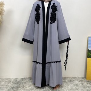 1584# Grey Elegant Open <b>Abaya</b> With Black Floral Applique Long Sleeve Muslim Women Dubai Abayas Long Robe With Lace Patchwork - Product Image 3
