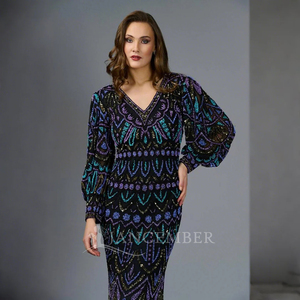 Para Jancember Elegante manga acampanada Vestidos de fiesta de noche Hecho a mano Delgado Patrón 3D Cintura natural Cristales Plumas - Product Image 3