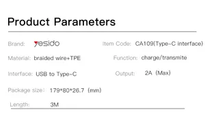 YESIDO Kabel Data USB Tipe-c 3 Meter Pembaruan Baru Ke Tipe C Mendukung Pengisian Daya dan Transmisi Data 2A Pengisian Cepat