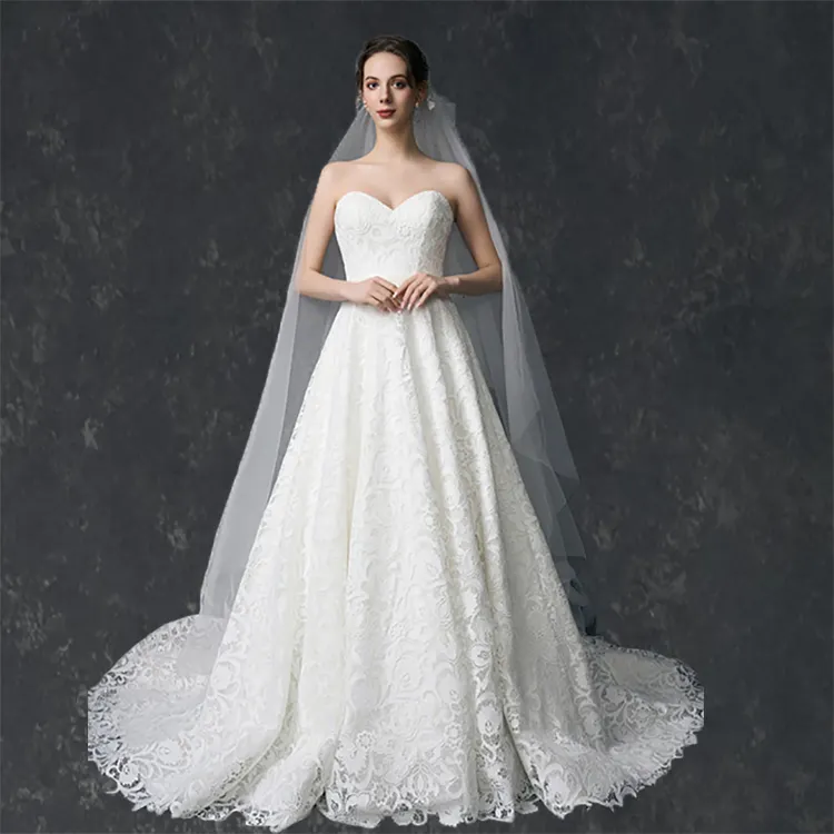 2022 Elegant Woman Beauty Bridal A Line Lace Wedding Dress Real Photo