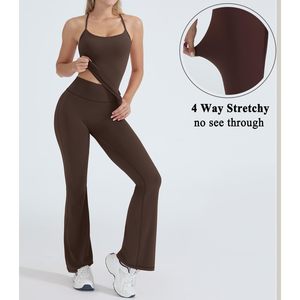 FOXA 2 Piece Workout Set Padded Tank Top <b>Flare</b> <b>Leggings</b> Pilates Outfit Women Yoga Sets Spandex Polyester Four Way Stretch - Product Image 3