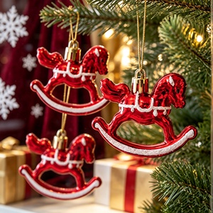 Ensemble d'ornements cheval à bascule brillants en gros, peints à la main avec détails blancs et surface rouge brillante, décoration suspendue pour sapin de Noël - Product Image 1