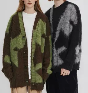 Produsen pakaian kustom Sweater rajutan kerah V wol Intarsia Sweater kardigan kasual rajutan pria