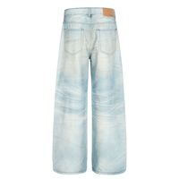 Jeans en denim vintage haut de gamme unisexe de style américain, bleu glacier, motif de moustaches, pantalon taille moyenne, lavage moyen