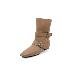2025 otoño nueva moda coreana Cabeza Cuadrada botas cortas informales botas Chelsea de tacón bajo con patrón sólido hebilla de cinturón de un paso - Product Image 5