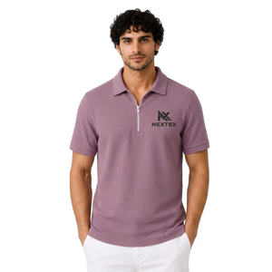 Polo homme manches courtes couleur violette avec logo brodé et fermeture éclair, en coton tricoté de haute qualité, style décontracté. - Product Image 1