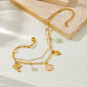 Fashionable Double Layer Anklet With <b>Shell</b> Pearl Elephant Leaf Pendant Stainless Steel Women's Foot <b>Ornament</b> - Product Image 3