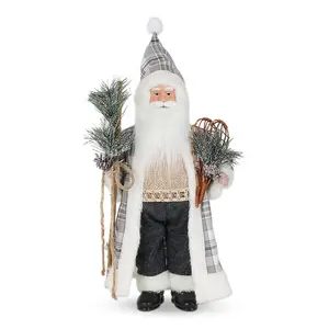 Poupée de père noël avec visage américain, décoration d'arbre de noël, tissu à carreaux gris, Figurine de père noël pour la décoration de la maison