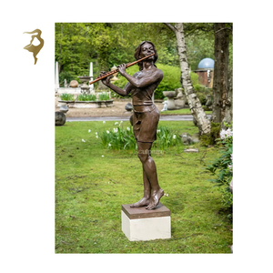 Musicista in ottone personalizzato statue in metallo donna donna che suona la scultura di flauto - Product Image 1